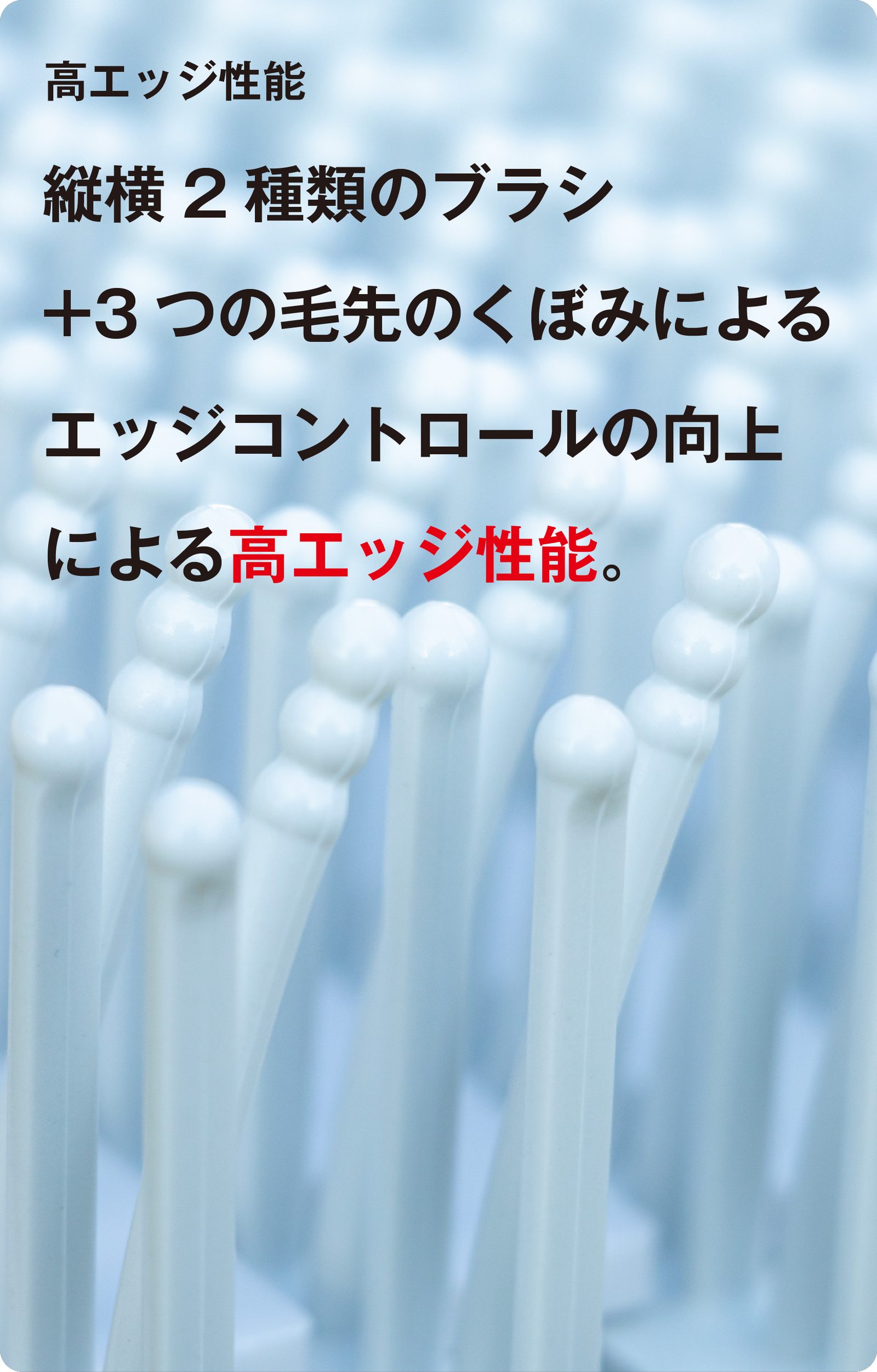 高エッジ性能
    縦横2種類のブラシ
    +3つの毛先のくぼみによる
    エッジコントロールの向上
    による高エッジ性能。